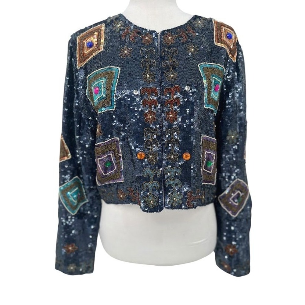 Vtg Carolyne Barton Night Sequin Silk Jacket Women M Blue Art Deco Party Glam